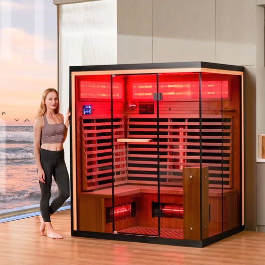 3-4 Person Infrared Sauna with Himalayan Salt Panel & 10 Minutes Warm-up System, Canadian Hemlock