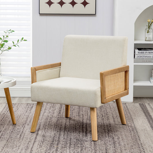 Bamboo Knitting Upholstered Chair, Mid Century Chairs with Solid Wood Legs, Comfy Linen Fabric Armchair for, Beige