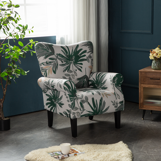 Mid Century Wingback Arm Chair, Modern Upholstered Fabric, Green Leaves
