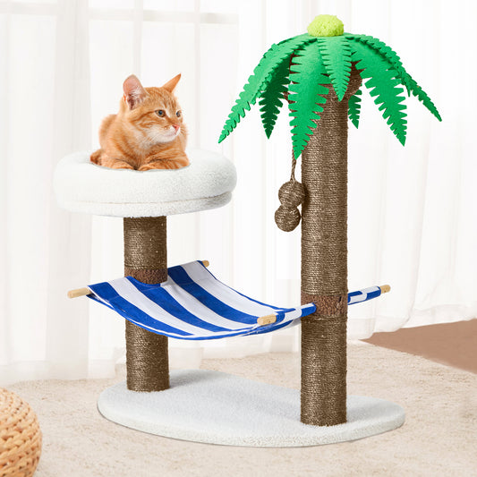 Coconut Island Cat Tree with Nest and Hammock, 30" Cat Climbing Shelf, with Scratching Post, Light
