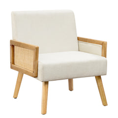 Bamboo Knitting Upholstered Chair, Mid Century Chairs with Solid Wood Legs, Comfy Linen Fabric Armchair for, Beige