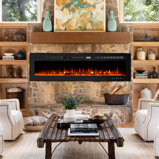 60in Electric Fireplace Insert, Touch Screen, Overheating Protection, Log&Crystal, 750/1500W