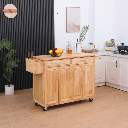 Bamboo Rolling Kitchen Island Utility Storage Cart on Wheels, with Drawers, Door Cabinets, and Knife Block
