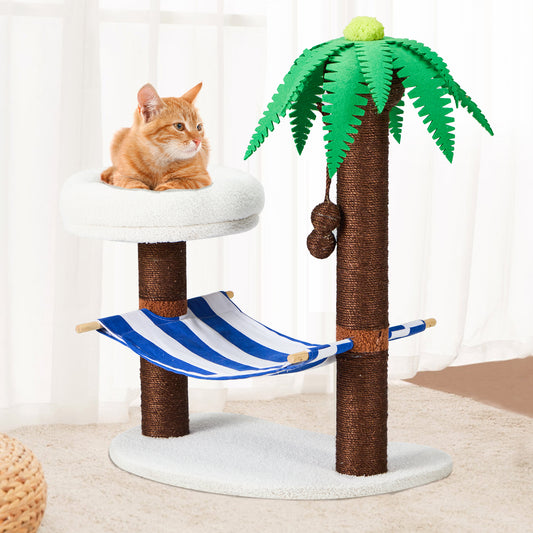 Coconut Island Cat Tree with Nest and Hammock, 30" Cat Climbing Shelf, with Scratching Post, Dark