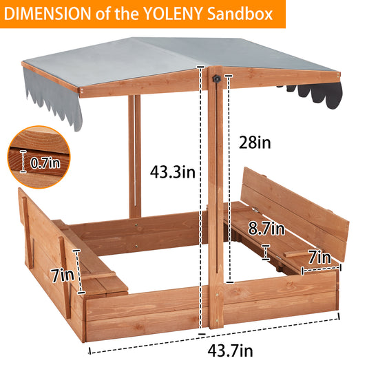 Wooden Sandbox with Height Adjustable Roof, Foldable Bench Seats, Sand Protection Liner, Grey