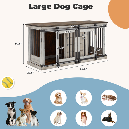 Solid Wood Dog Crate Furniture, Dog Kennel TV Cabinet with Sliding Door, Heavy Duty Kennel