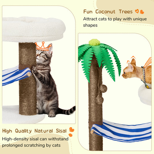Coconut Island Cat Tree with Nest and Hammock, 30" Cat Climbing Shelf, with Scratching Post, Light