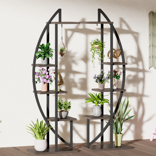 5 Tier Metal Plant Stand for Planter Display with 2 Hooks, Half Moon