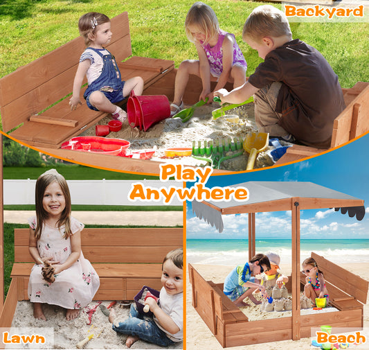 Wooden Sandbox with Height Adjustable Roof, Foldable Bench Seats, Sand Protection Liner, Grey