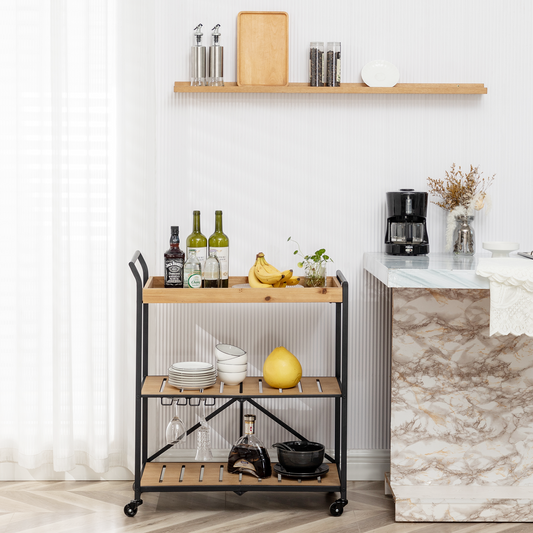 3-Tier Folding Kitchen Serving Cart on Lockable Wheels with Glass Holders, Rustic Brown