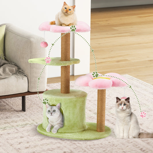 Flower Cat Tree, 38" Cat Tower with Scratching Post, Cute Cat Condo House with Dangling Ball