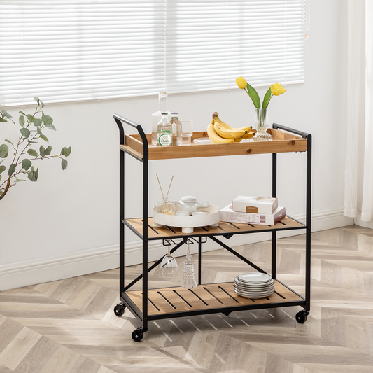 3-Tier Folding Kitchen Serving Cart on Lockable Wheels with Glass Holders, Rustic Brown