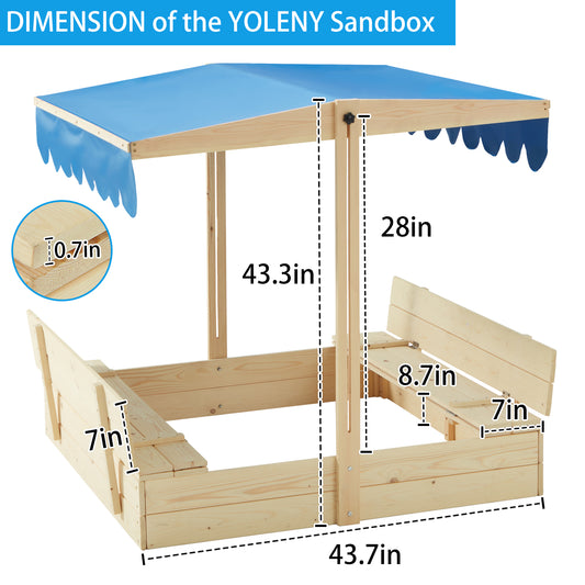 Wooden Sandbox with Height Adjustable Roof, Foldable Bench Seats, Sand Protection Liner, Blue