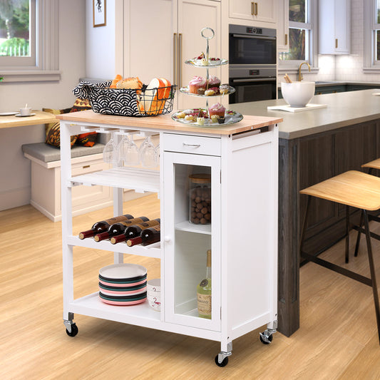 Utility Kitchen Island with Lockable Wheels with Wine Glass Rack & Open Storage Shelves