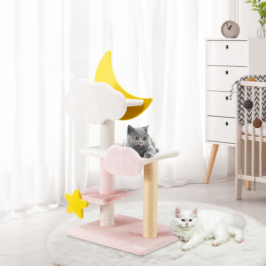 Moon Cat Tree, 39" with Natural Sisal Scratching Post, Pink & White