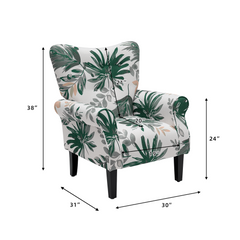 Mid Century Wingback Arm Chair, Modern Upholstered Fabric, Green Leaves