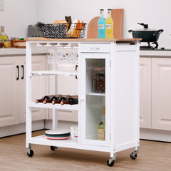 Utility Kitchen Island with Lockable Wheels with Wine Glass Rack & Open Storage Shelves