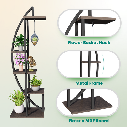 5 Tier Metal Plant Stand for Planter Display with 2 Hooks, Half Moon