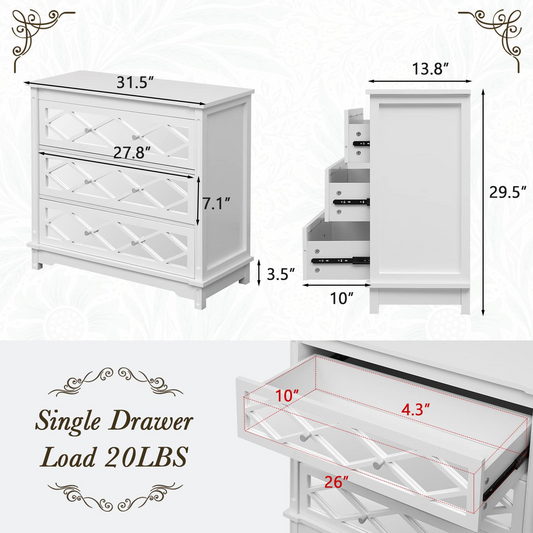 3 Drawer Dresser, Chest of Drawer with Decorative Mirror, Modern Accent Dresser with Wide Storage