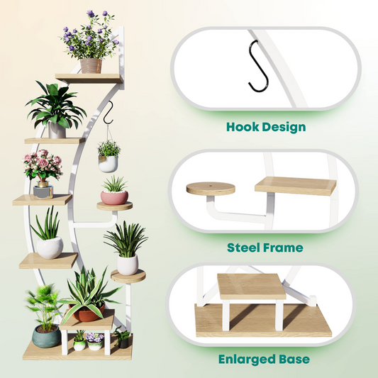 6 Tier 9 Potted Metal Plant Stand for Indoor Plants Multiple, Half Moon Plant Stand (White), 2 Pcs